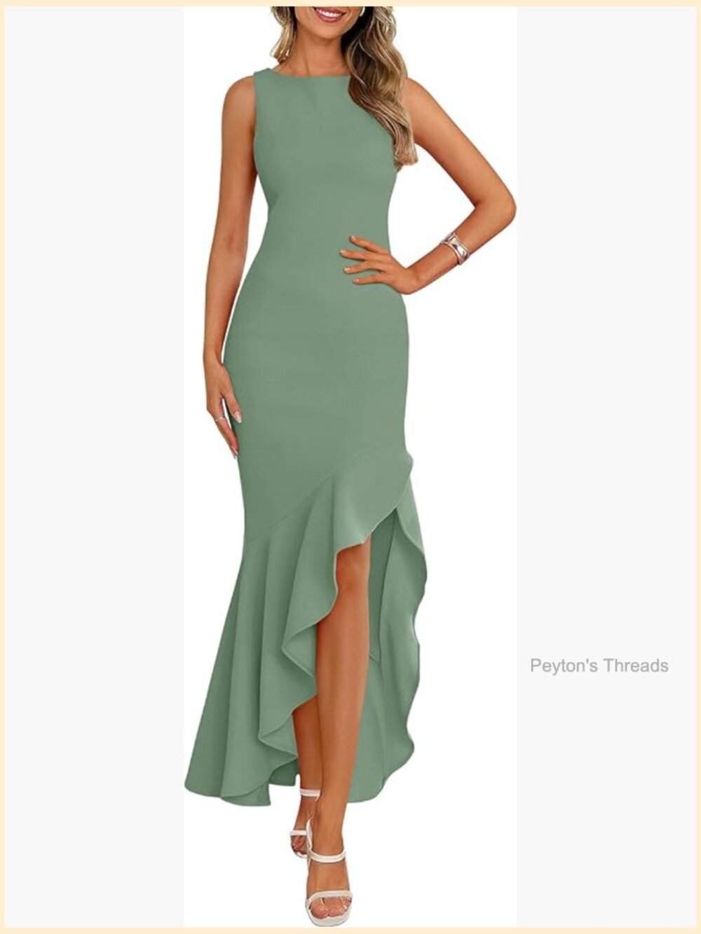 Formal Mermaid Maxi Dress with Ruffles - Sleeveless Boat Neck